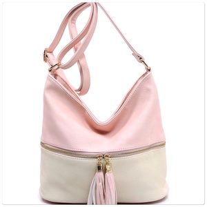 Tassel Crossbody Bucket Satchel Pink White